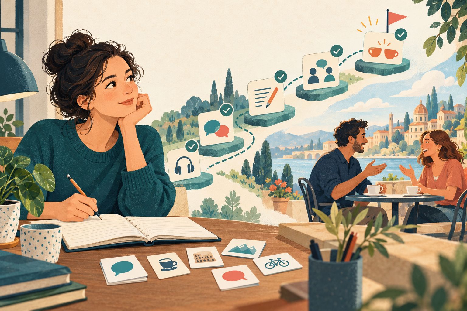 Ilustracja małych misji językowych: nauka przy biurku, rozmowa, słuchanie i kolejne etapy ćwiczeń